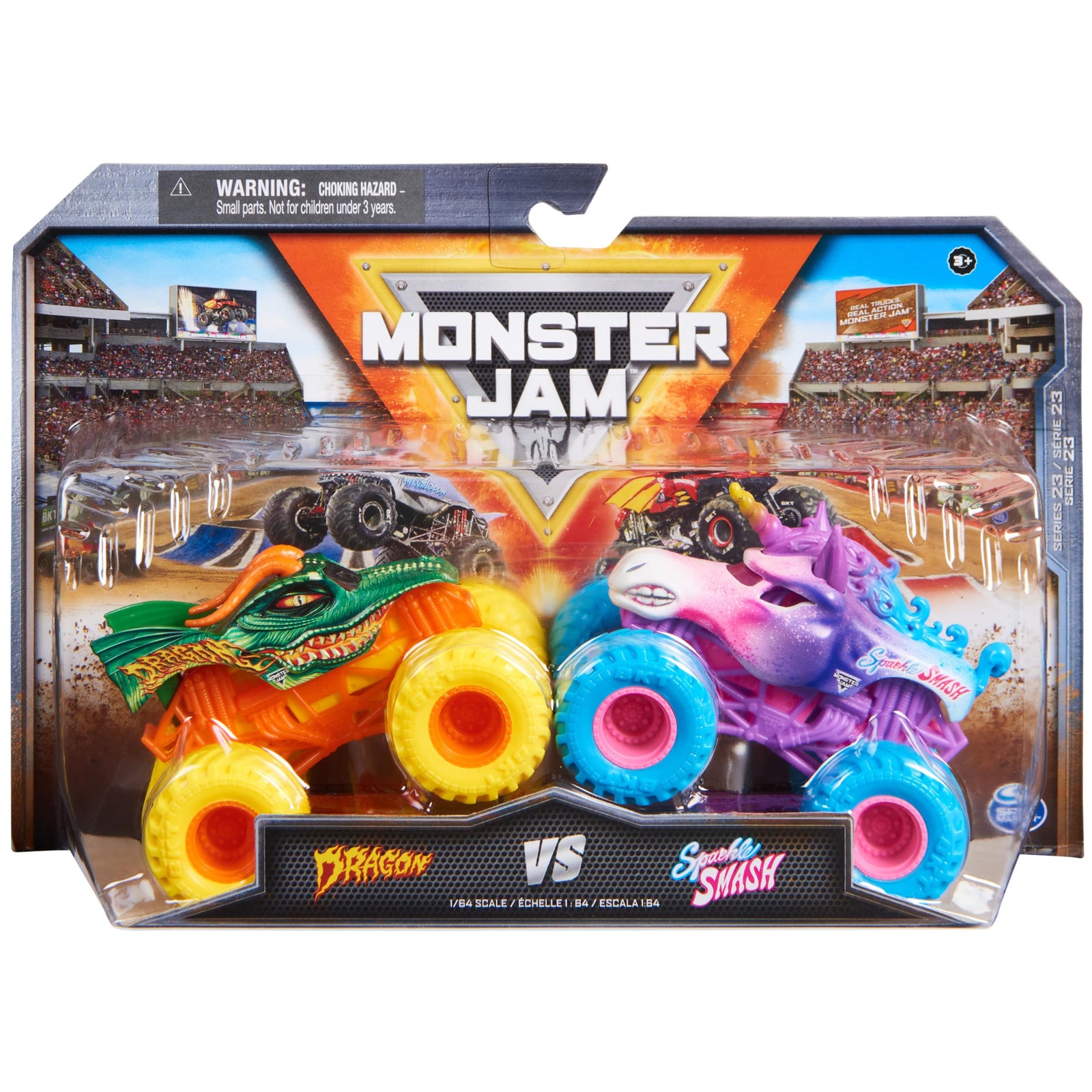 Monster Jam 1/64 2 Pack Vehicles Dragon VS Sparkle Smash