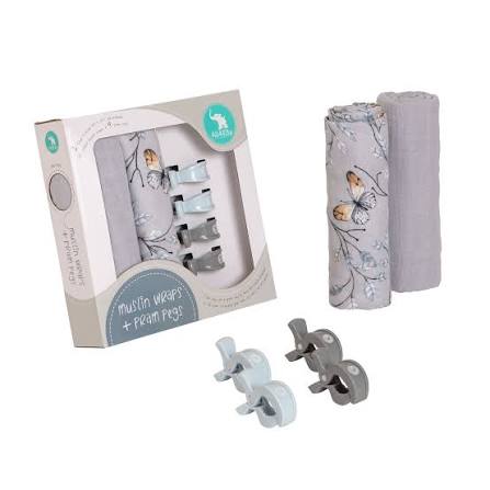 All4Ella 2 Pack Wraps &amp; 4 Pegs Butterfly &amp; Grey