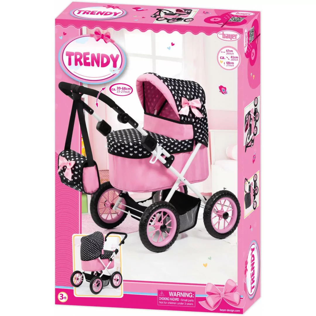 Bayer Trendy Dolls Pram Pink with Black Hood &amp; Pink Bows
